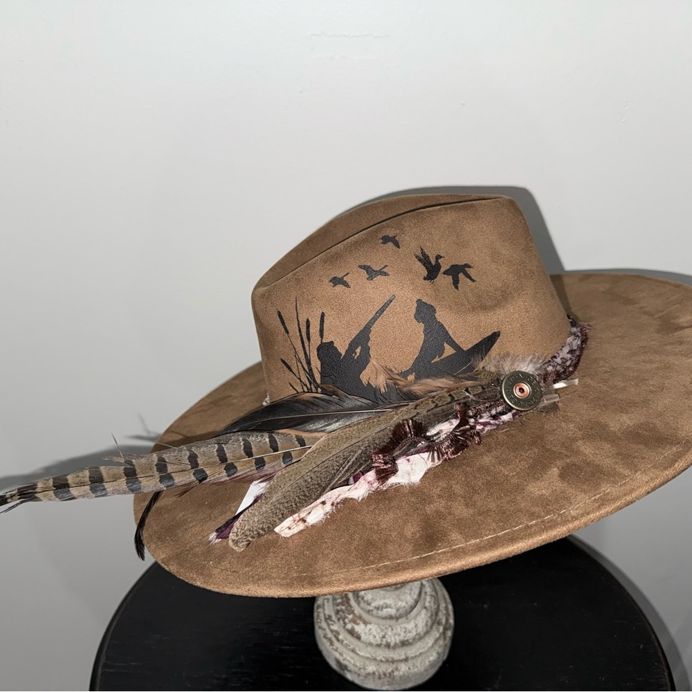 Brown Feather Trim Wide Brim Women's Hat